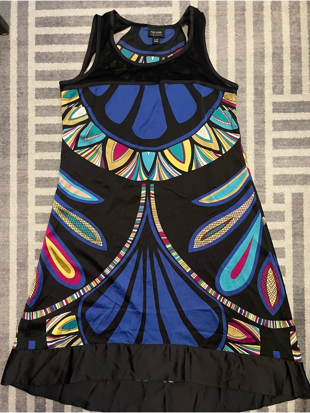 Nicole Miller Black Maxi Dress with Blue, Teal, Yellow, Pink Accents